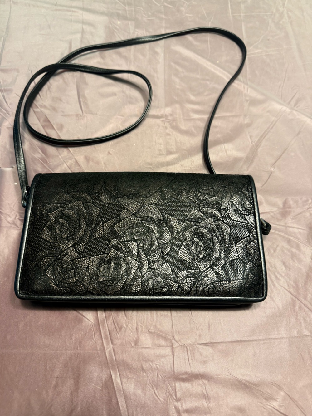 Vintage 2010 Roche Black Floral-Stamped Asymmetrical Leather Crossbody Bag - Picture 13 of 16